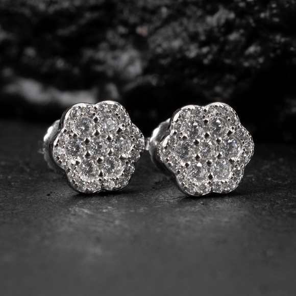 Mens White Gold Iced Cluster Flower Sterling Silver Stud Screw Back Earrings - Picture 1 of 5